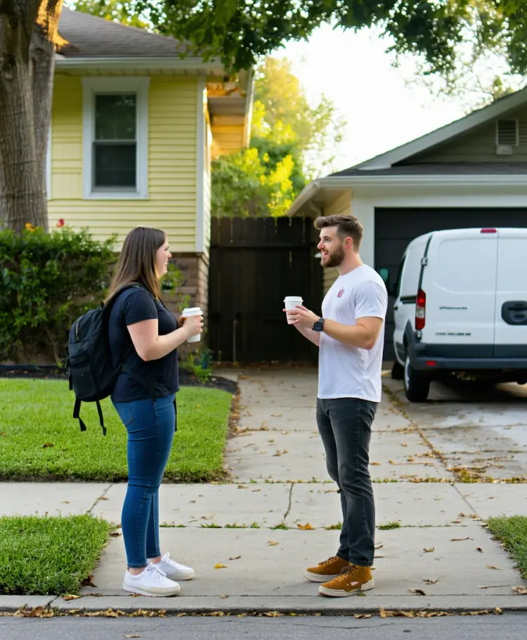 A homeowner talking with a vetted local pro on a neighborhood sidewalk